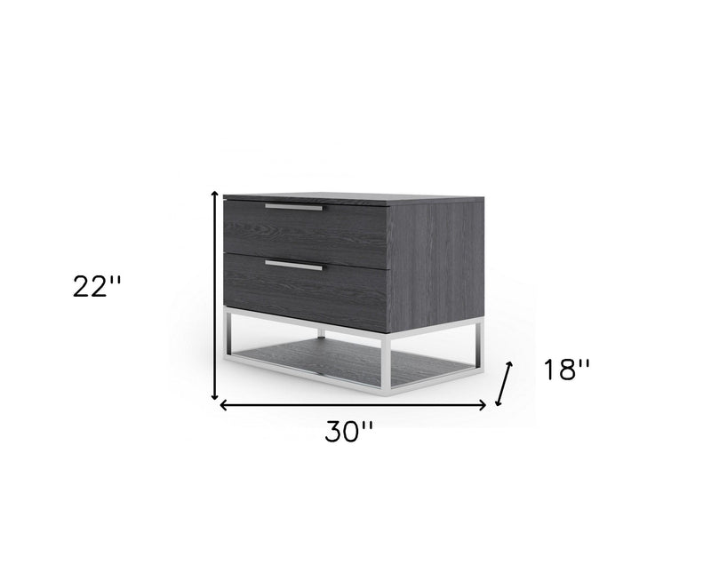 Gray solid wood nightstand with two drawers, lower shelf, size 22"H x 30"W x 18"D.