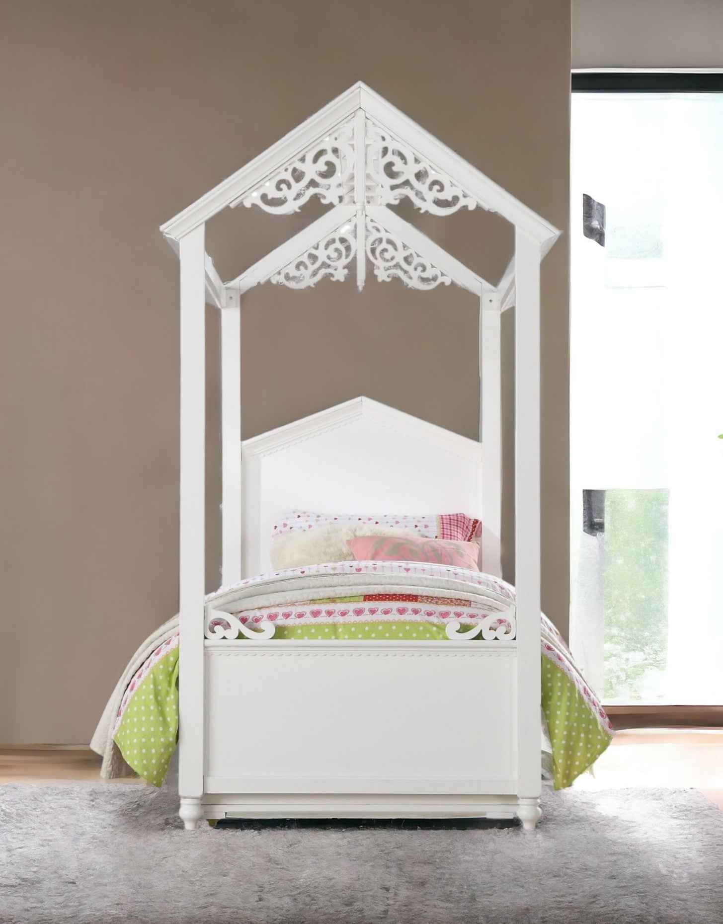 White Wood Twin Canopy Bed Frame