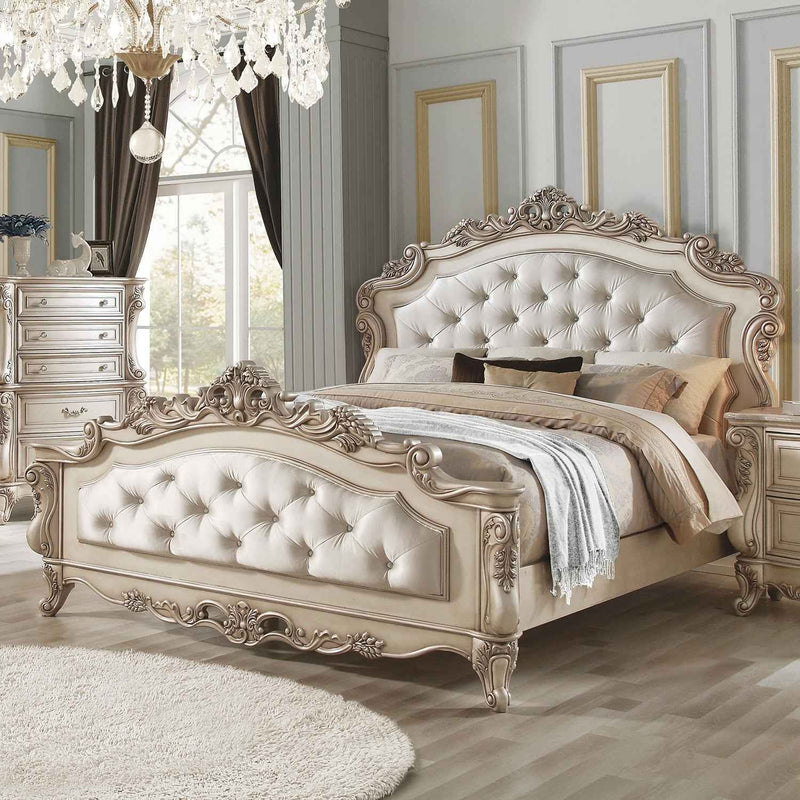 Antiqued White Wood And Tufted Silk Queen Bed Frame With Nailhead Trim