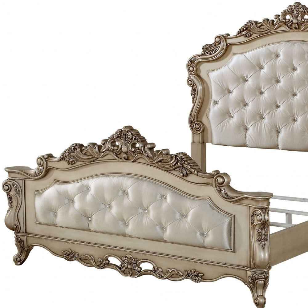 Antiqued White Wood And Tufted Silk Queen Bed Frame With Nailhead Trim