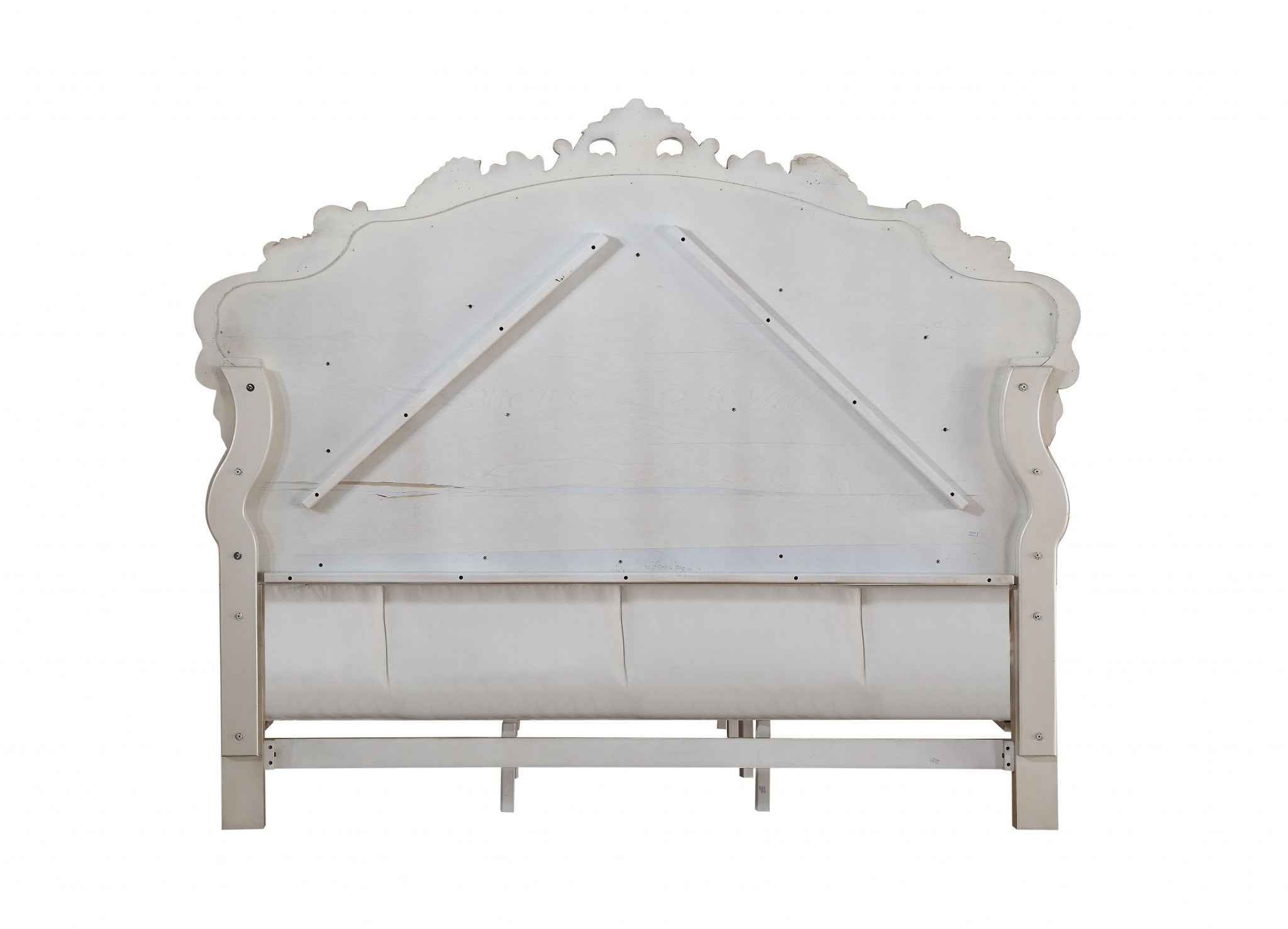 Antiqued White Wood And Tufted Silk Queen Bed Frame With Nailhead Trim