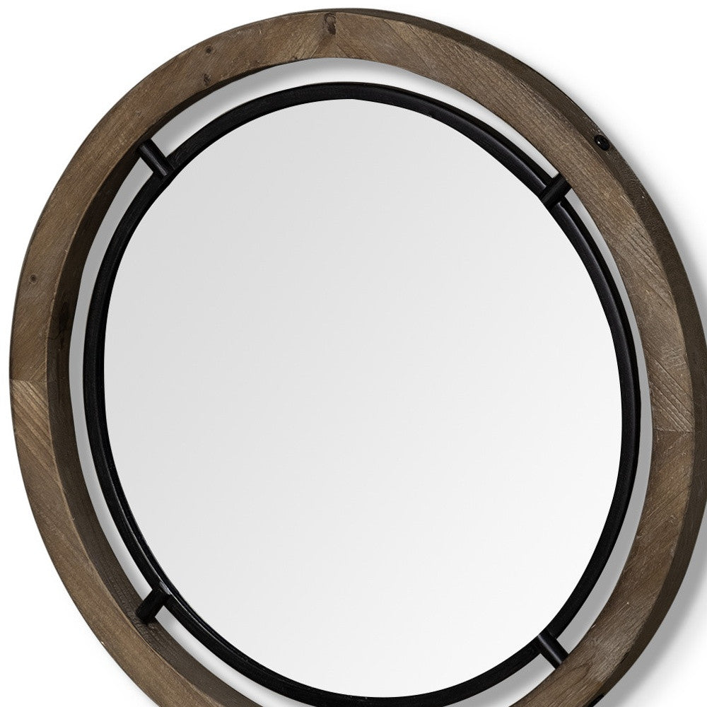 19" Black And Brown Metal And Solid Wood Round Geometric Framed Accent Mirror - Bed & Bath