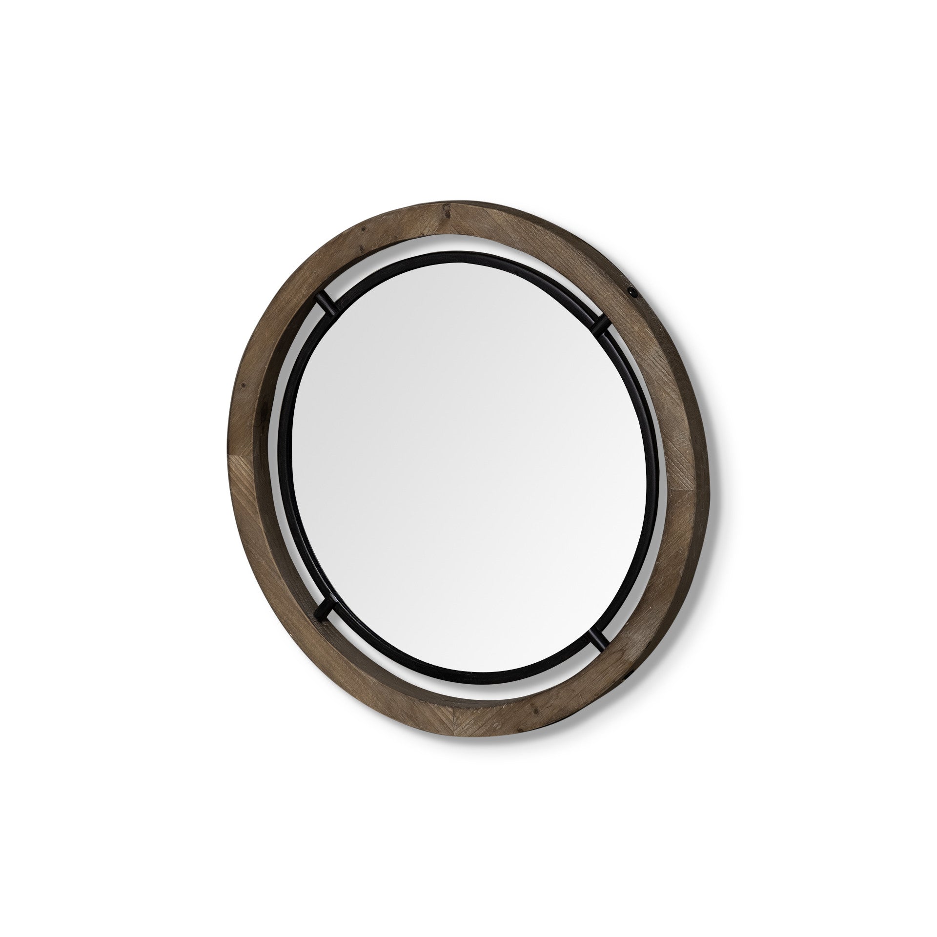 19" Black And Brown Metal And Solid Wood Round Geometric Framed Accent Mirror - Bed & Bath