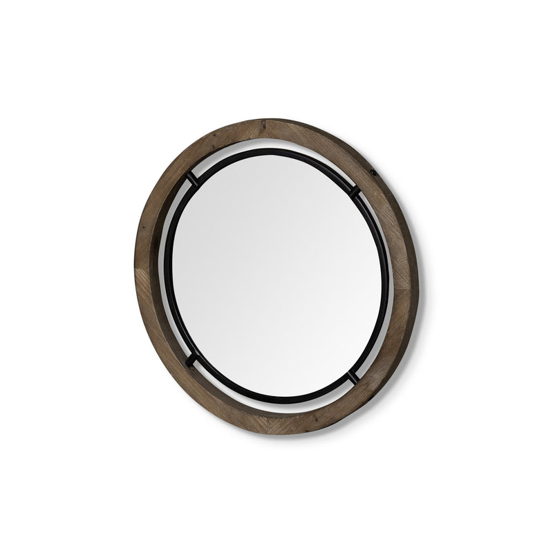 19" Black And Brown Metal And Solid Wood Round Geometric Framed Accent Mirror - Bed & Bath