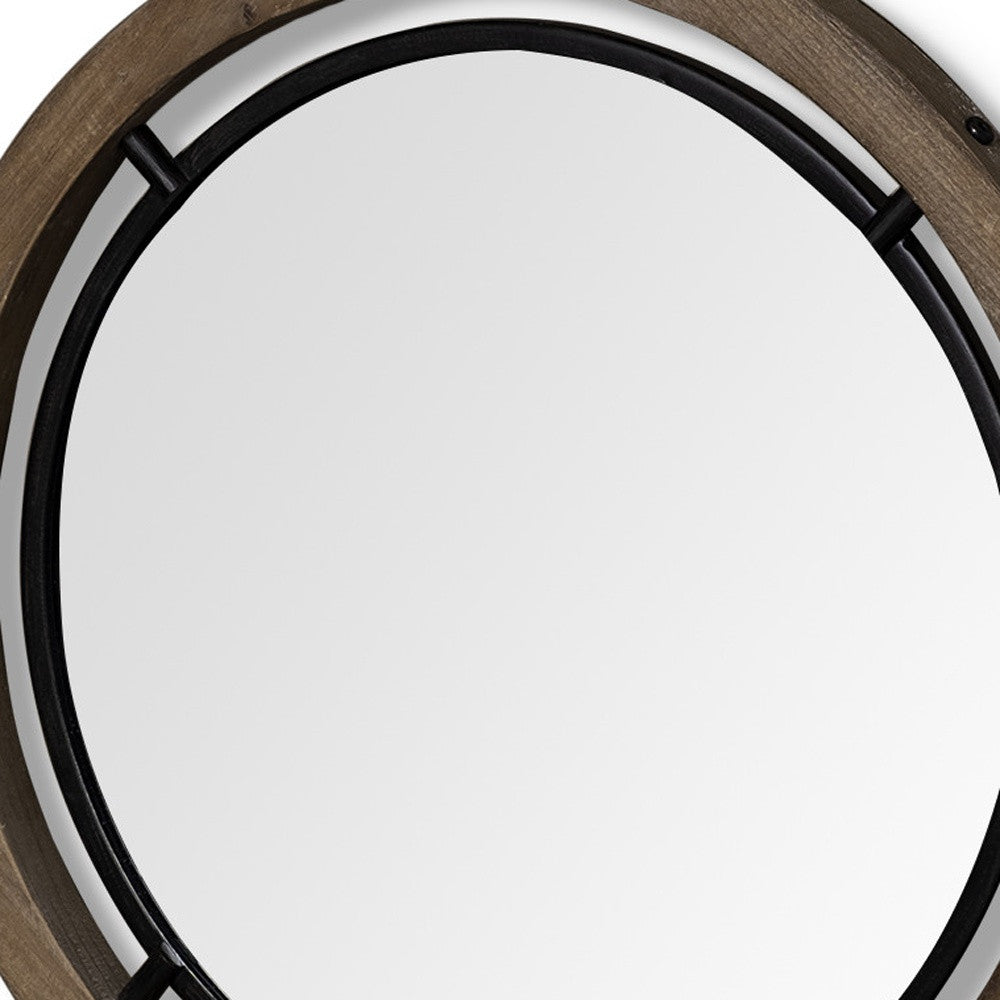 19" Black And Brown Metal And Solid Wood Round Geometric Framed Accent Mirror - Bed & Bath