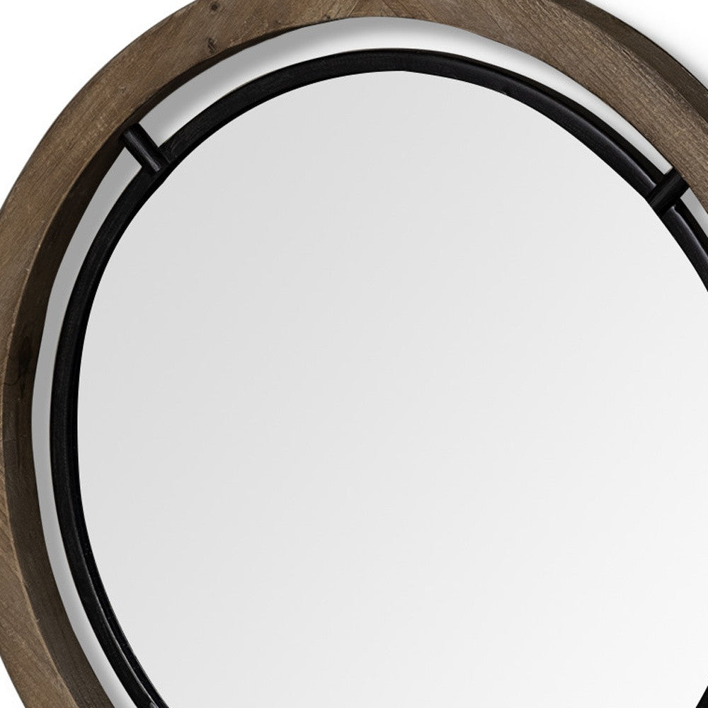 19" Black And Brown Metal And Solid Wood Round Geometric Framed Accent Mirror - Bed & Bath