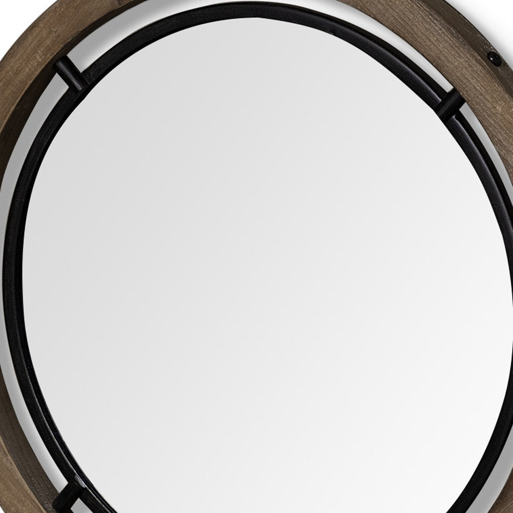 19" Black And Brown Metal And Solid Wood Round Geometric Framed Accent Mirror - Bed & Bath