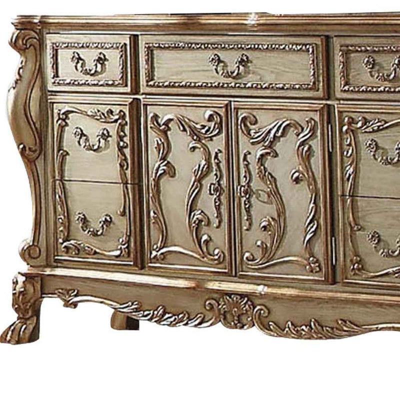 66" Gold Solid Wood Carved Scrollwork Seven Drawer Sideboard with Two Doors