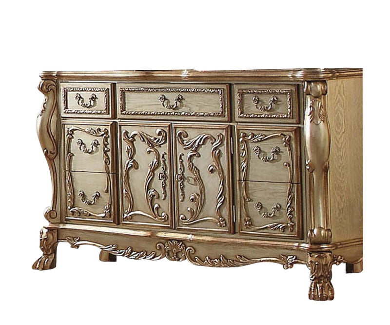 66" Gold Solid Wood Carved Scrollwork Seven Drawer Sideboard with Two Doors - Kitchen & Dining