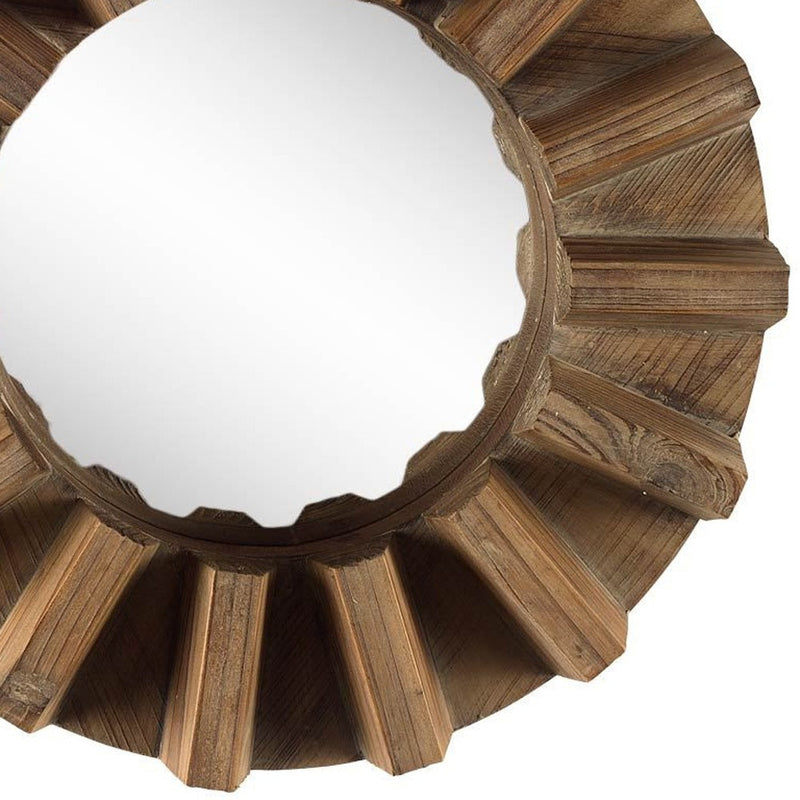 17" Brown Solid Wood Round Geometric Framed Accent Mirror - Bed & Bath