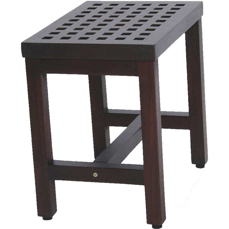 Brown teak bench with rectangular lattice tabletop and open lower frame shelf