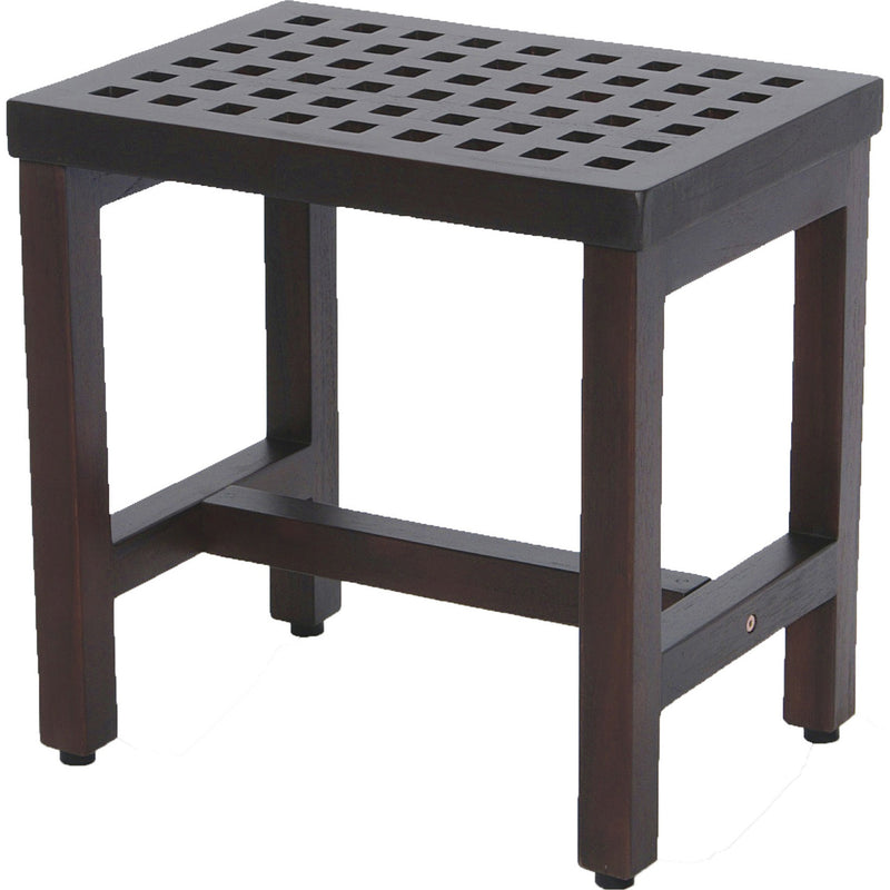 Brown teak rectangular bench with lattice top and lower front support rail