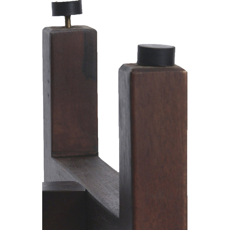 Brown teak bench corner close-up with mortise joint and lower rail