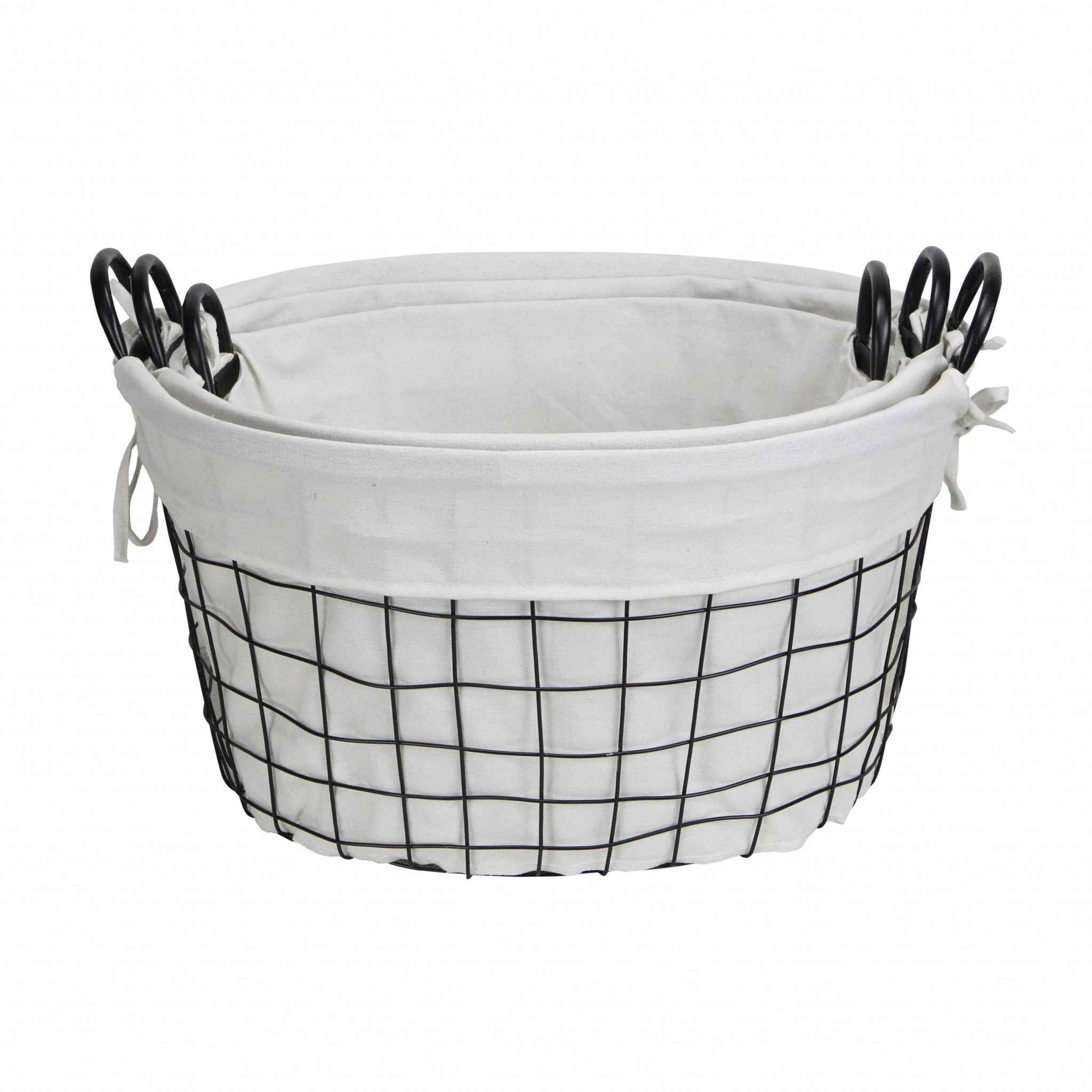 Set Of Three Black Oval Wire Baskets with White Fabric Liners and Handles