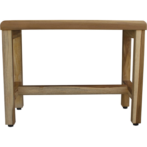 Natural teak rectangular bench with open frame and lower shelf, four legs.