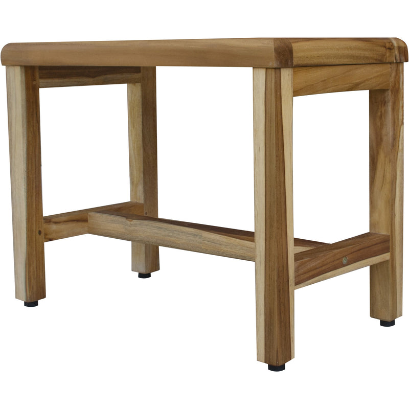 Natural teak rectangular bench with open shelf support and four corner feet.