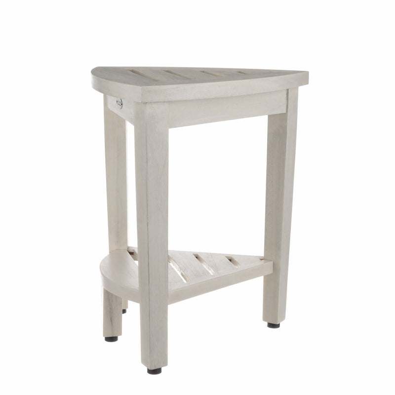 Compact Teak Corner Shower Stool With Shelf In Whitewash Finish - Bed & Bath