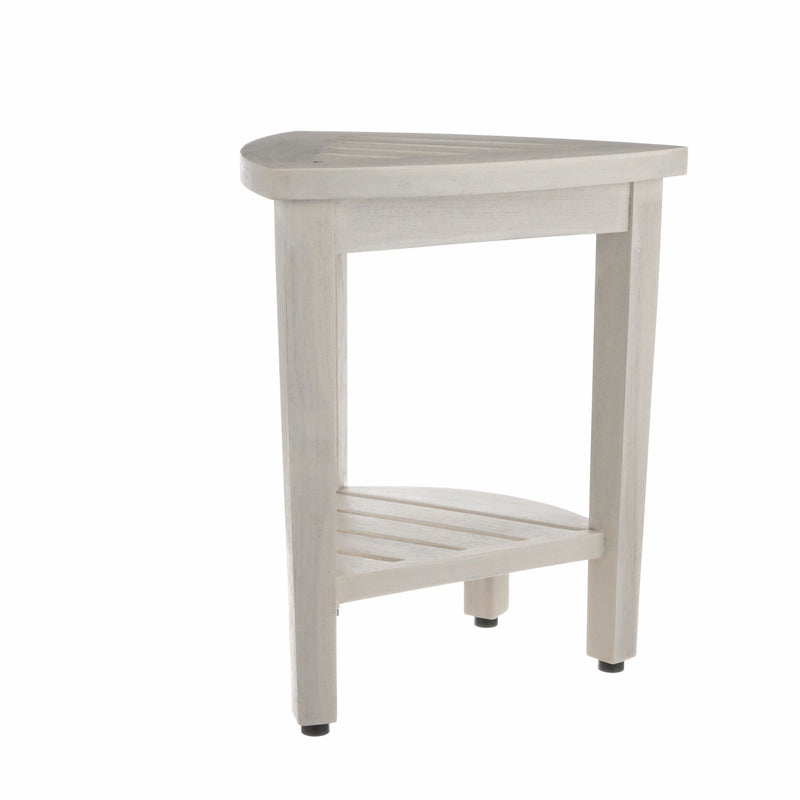 Compact Teak Corner Shower Stool With Shelf In Whitewash Finish - Bed & Bath