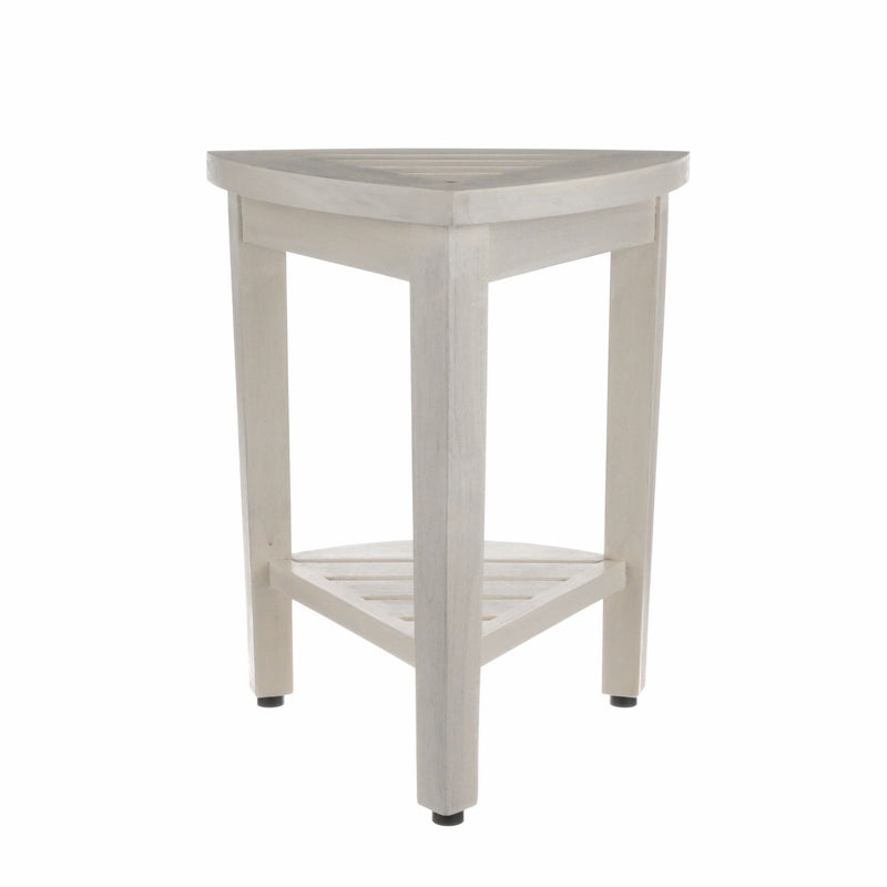 Compact Teak Corner Shower Stool With Shelf In Whitewash Finish - Bed & Bath