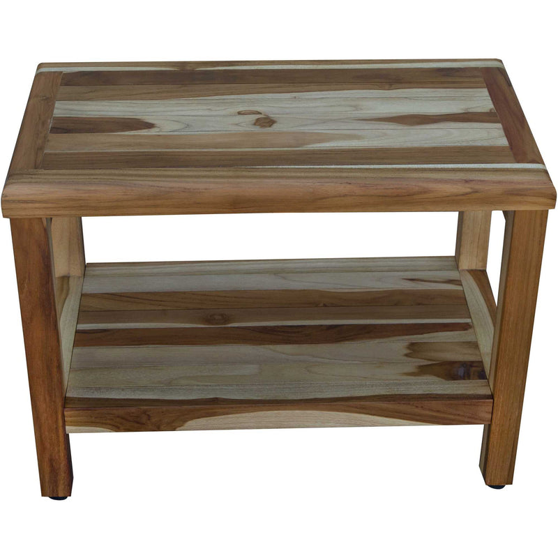 Natural teak shower bench with lower shelf, slatted top and lower platform, square legs