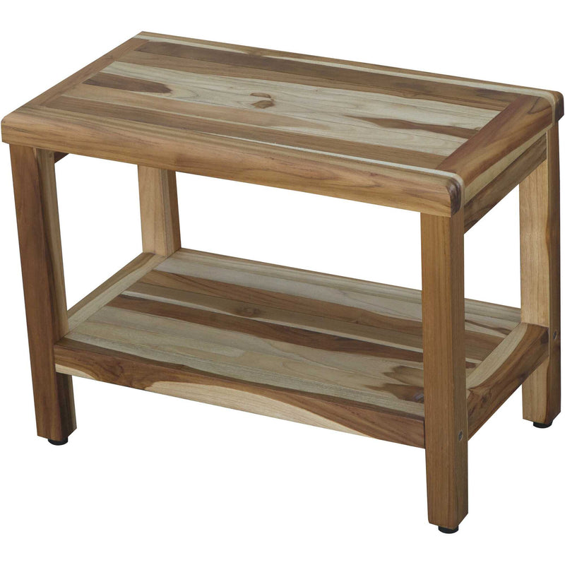 Natural teak shower bench with lower shelf, rectangular seat and open side frame