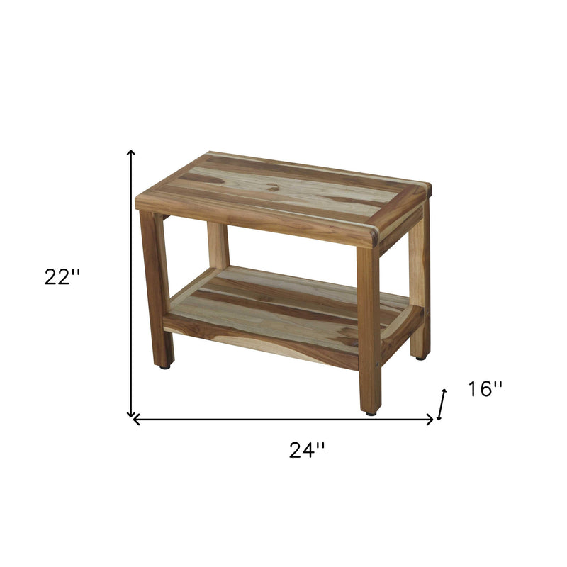 Natural teak shower bench with shelf, 24" wide, 22" high, 16" deep
