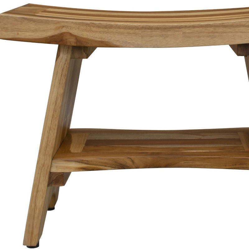 Natural teak shower bench with shelf, side view showing lower platform and legs