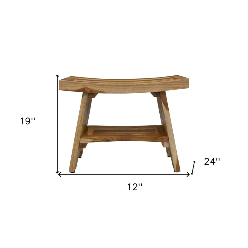 Teak shower bench with shelf, size diagram with 19 in height and 12 in width