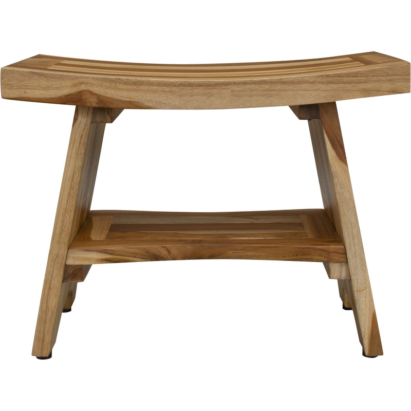 Natural teak shower bench with shelf, front view with curved bench ends