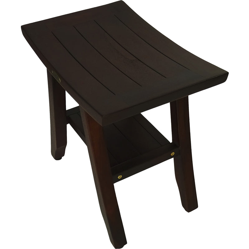 Dark brown compact bench with slatted tabletop and side lower shelf