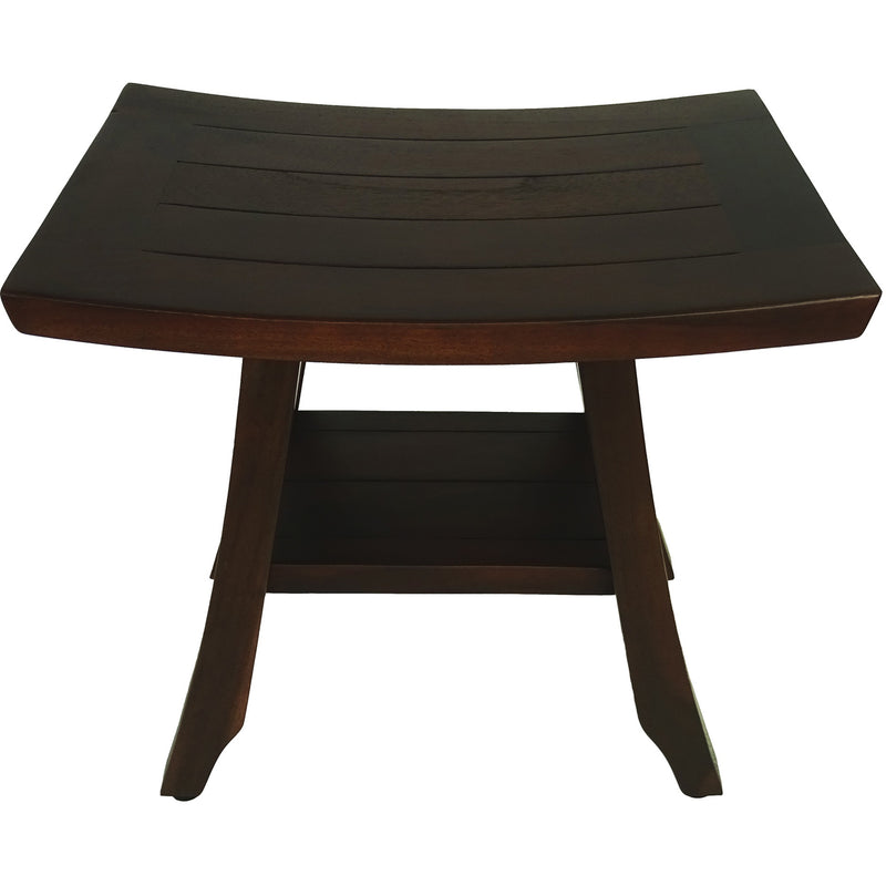 Compact brown outdoor bench with curved slatted tabletop and legs