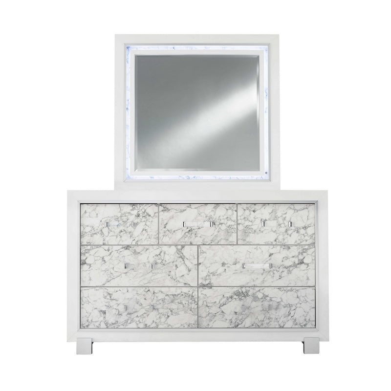 Modern White Dresser With 7 Faux Marble Detailed Front Drawer. - Bed & Bath
