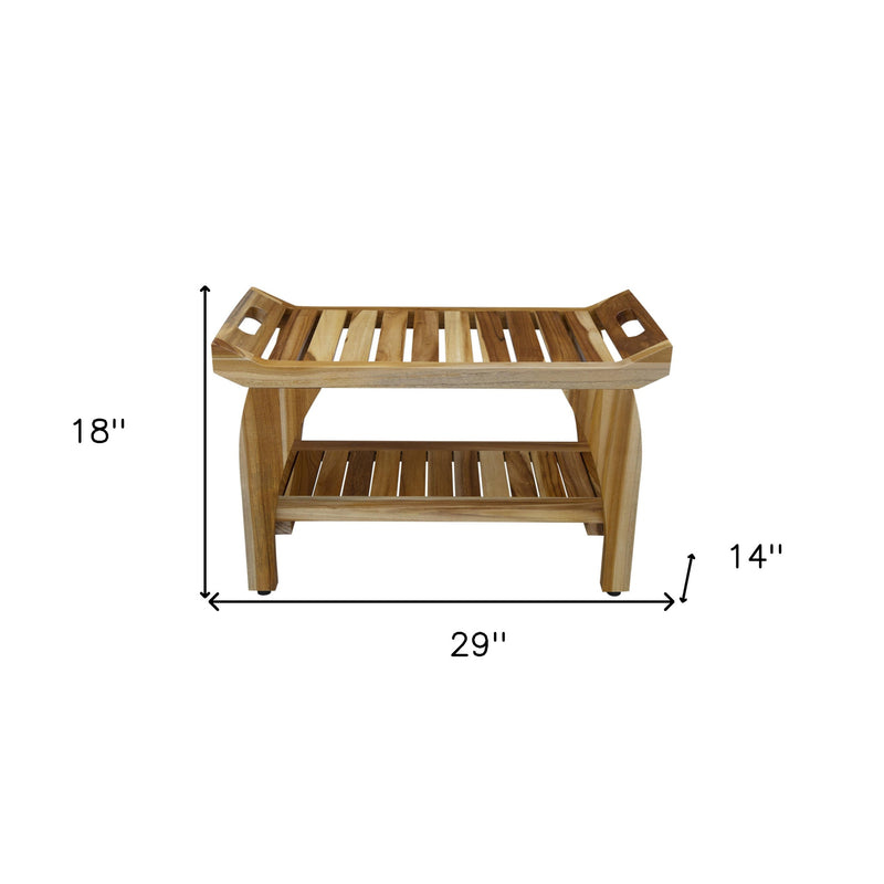 Teak outdoor shower bench, 29 in wide, 18 in high, 14 in deep; slatted seat