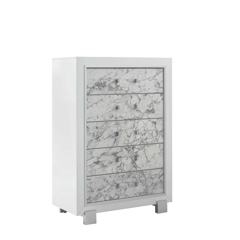 Modern White Chest With 5 Faux Marble Detailed Front Drawer. - Bed & Bath