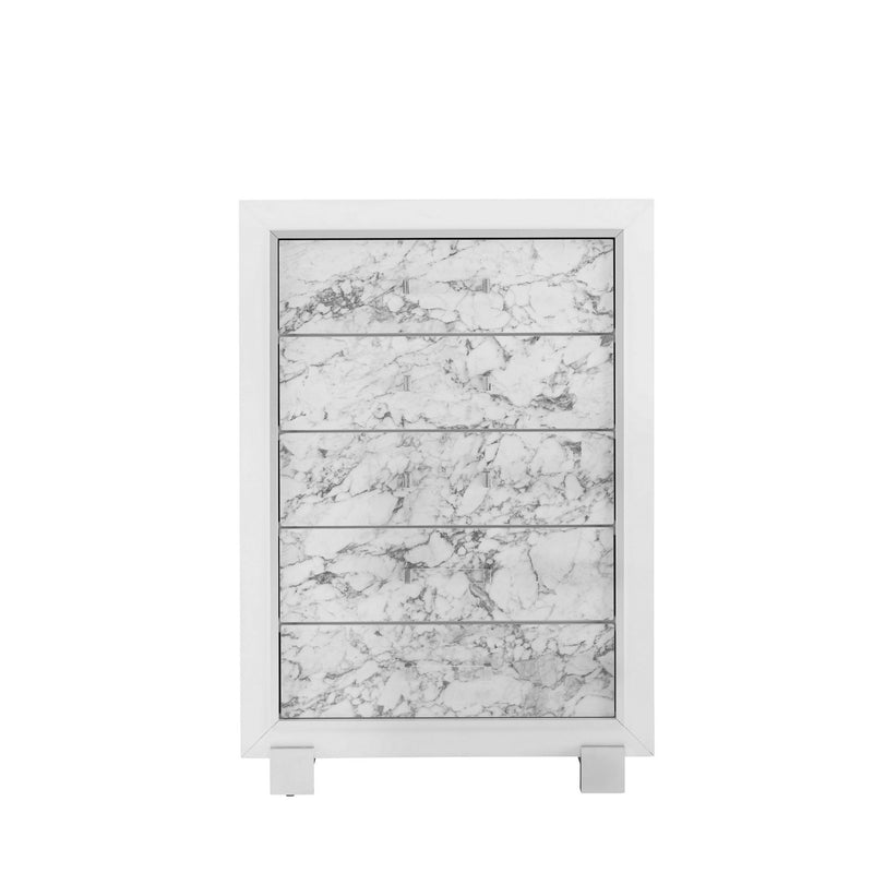 Modern White Chest With 5 Faux Marble Detailed Front Drawer. - Bed & Bath