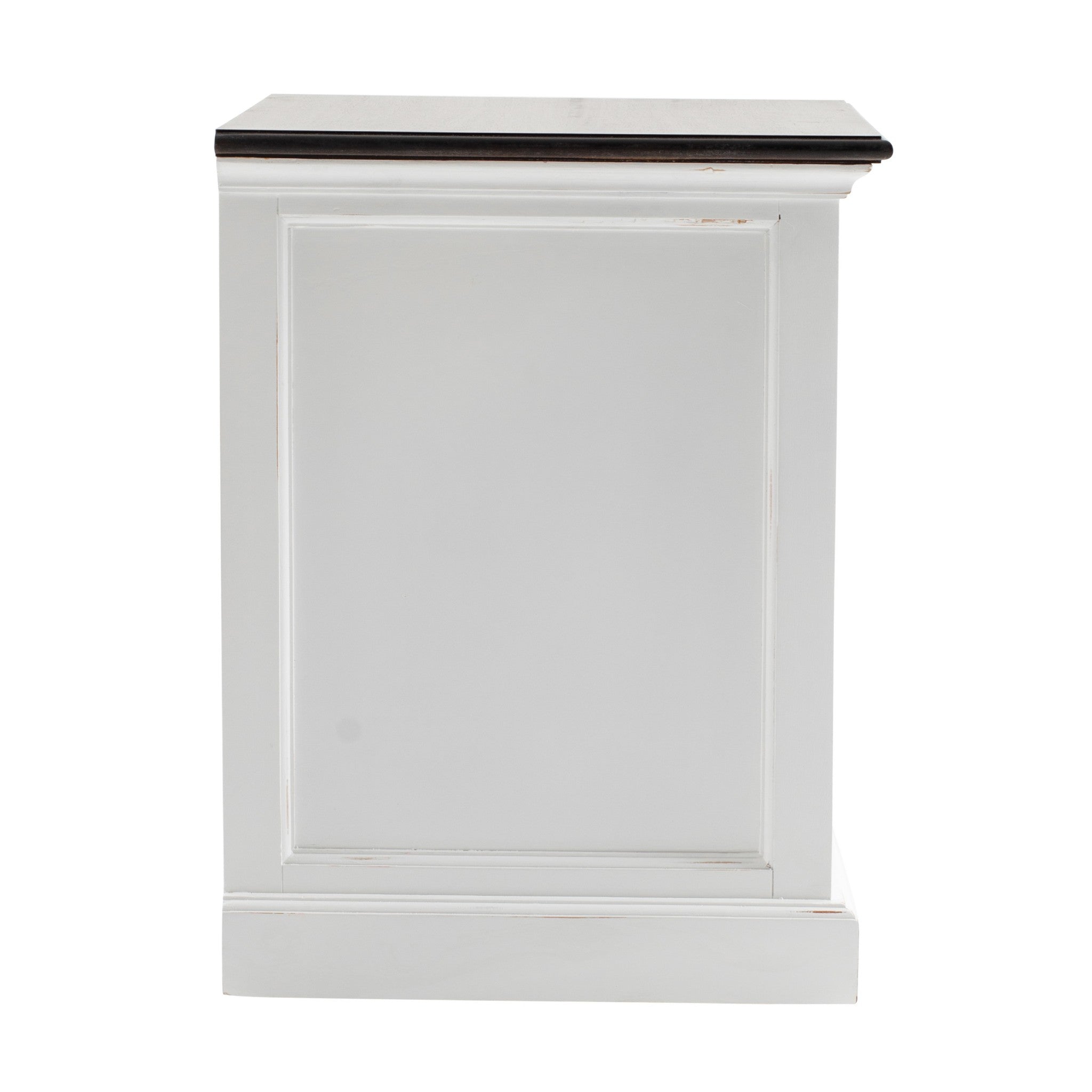 White 3-drawer wood nightstand with dark top trim and recessed front panel