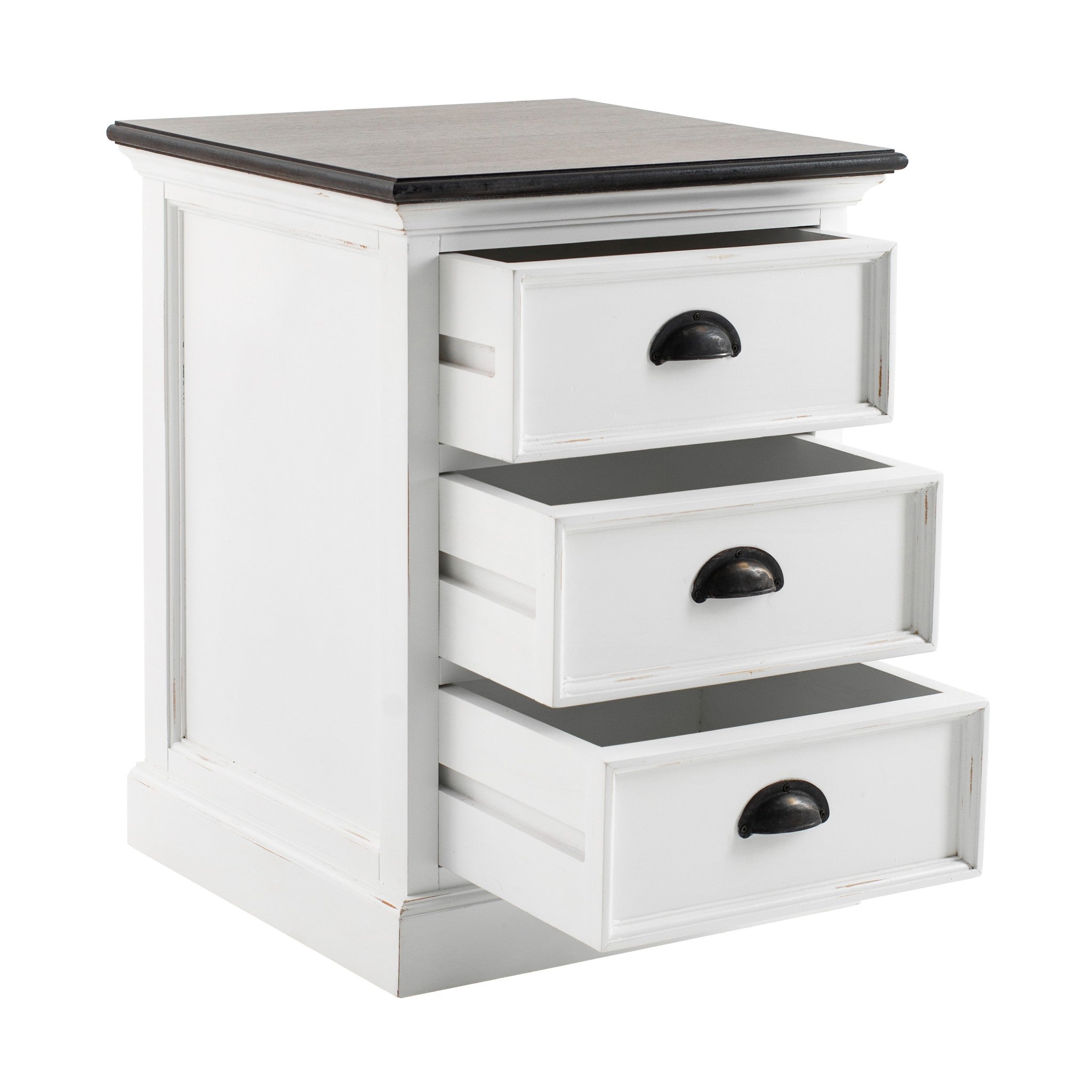 White 3-drawer wood nightstand with dark top, open drawers, and black pulls