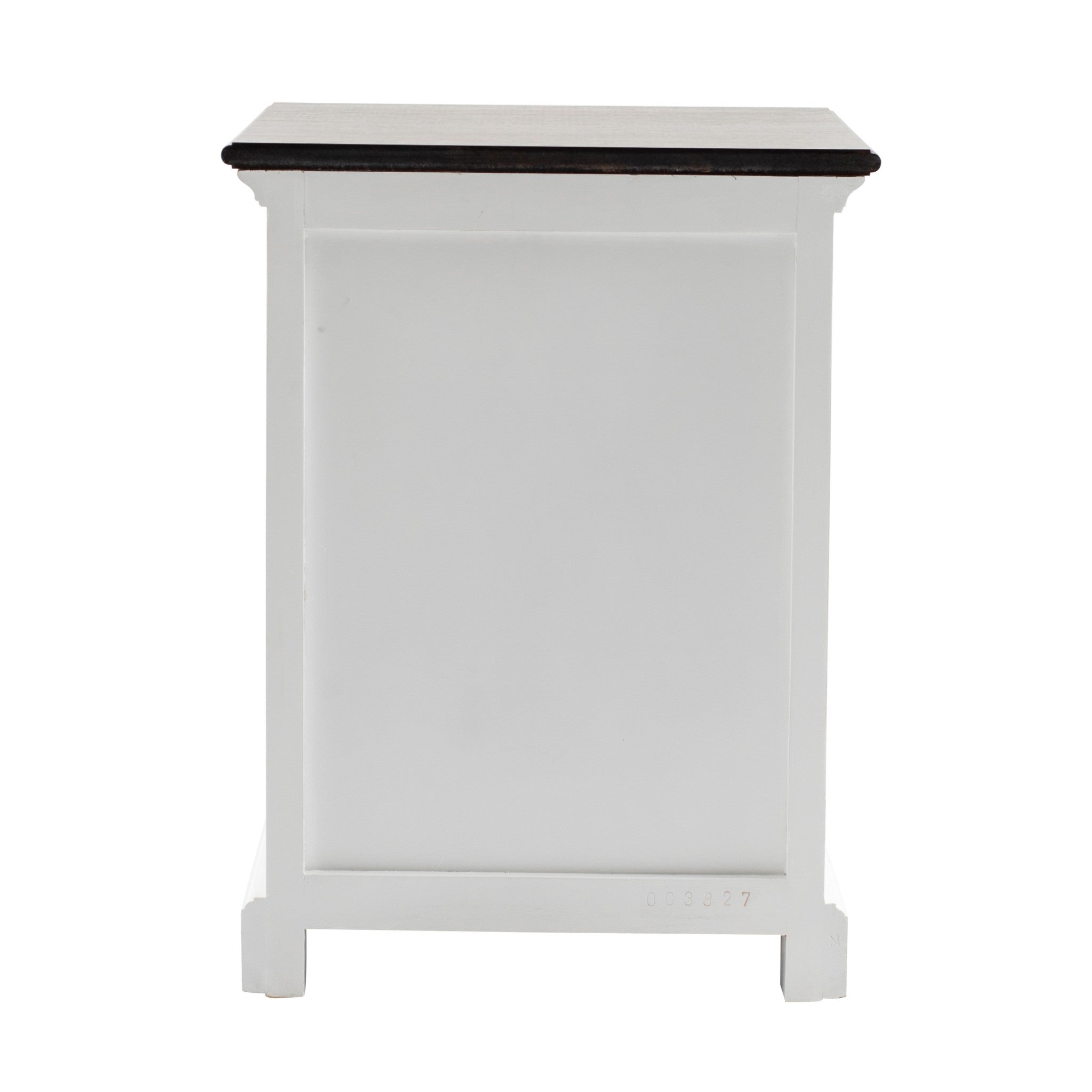 White wood nightstand with dark top and square cabinet front panel