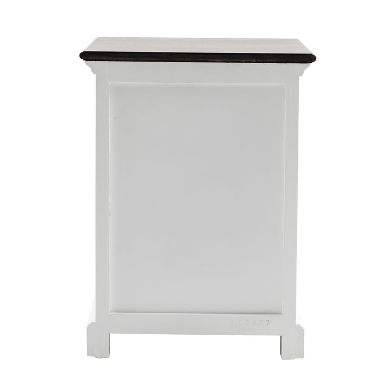 White wood nightstand with dark top and square cabinet front panel