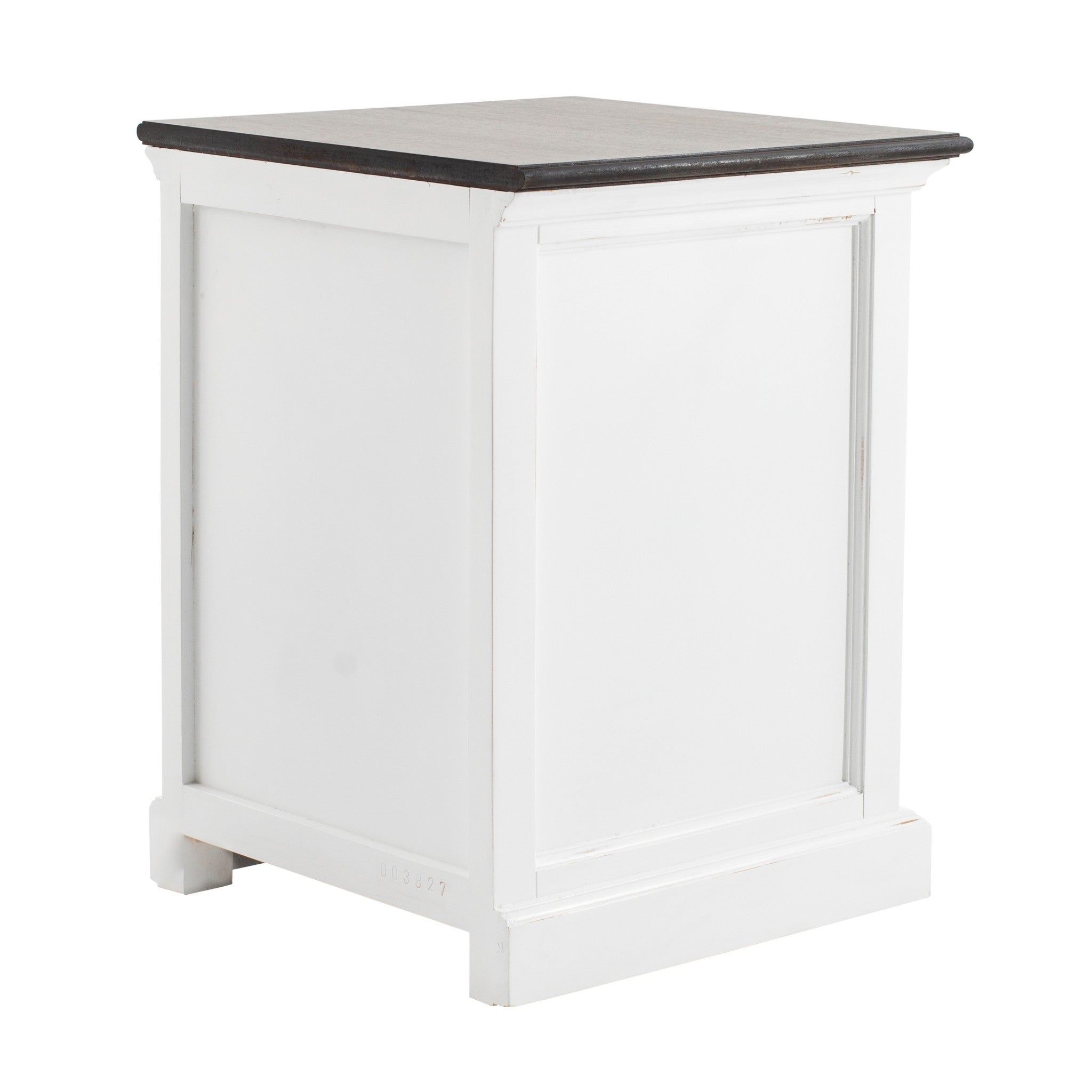 White wood nightstand with dark top and paneled sides