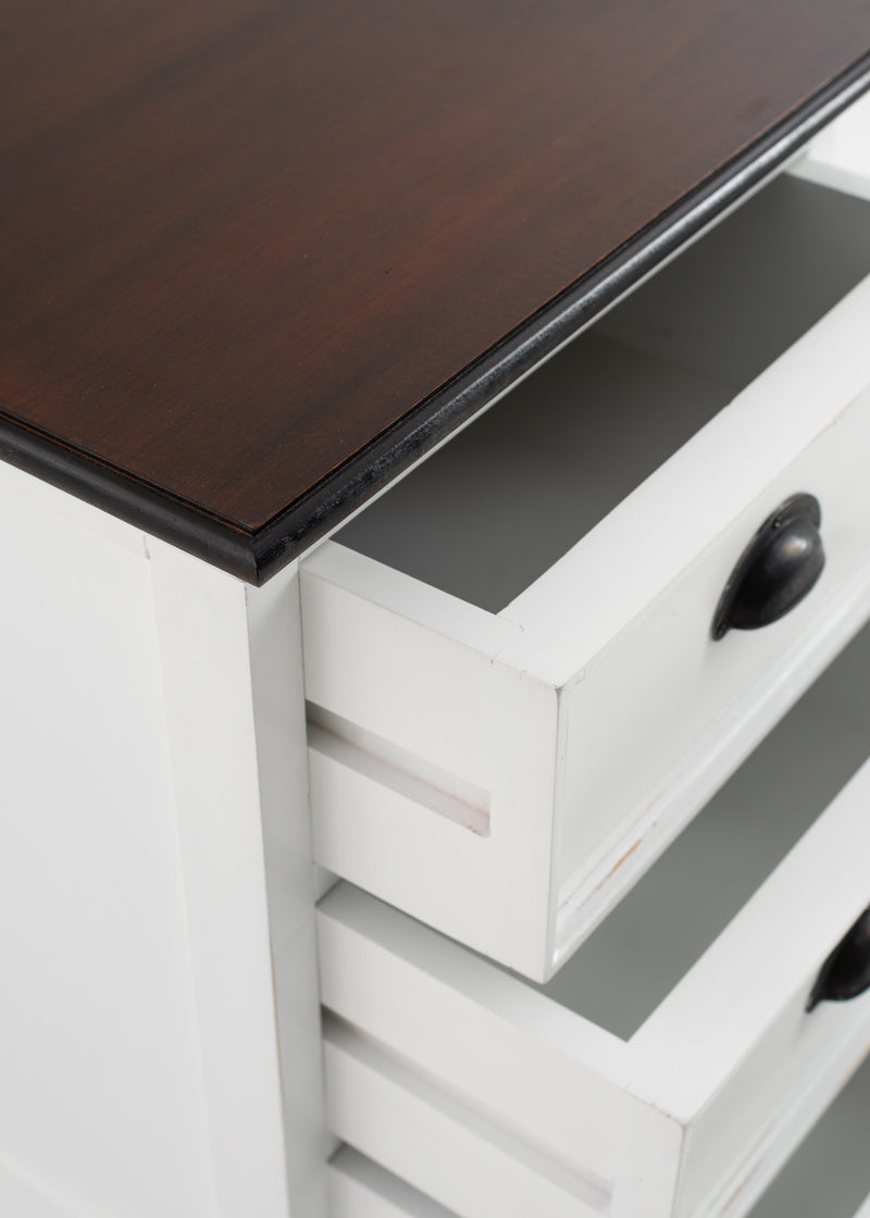 Side view of white 3-drawer nightstand with dark top edge and open drawer space