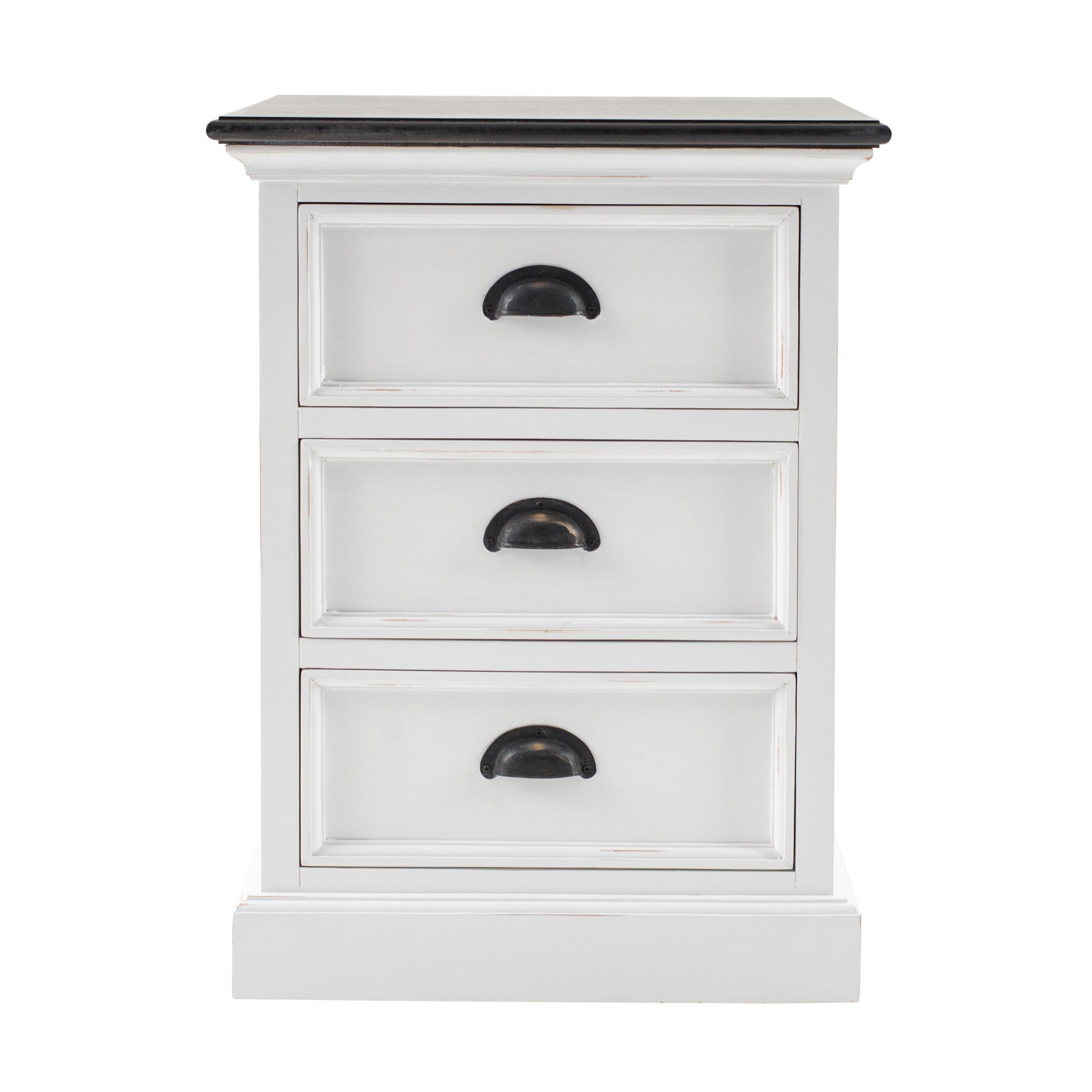 White 3-drawer wood nightstand with three drawers and black curved pulls, dark top
