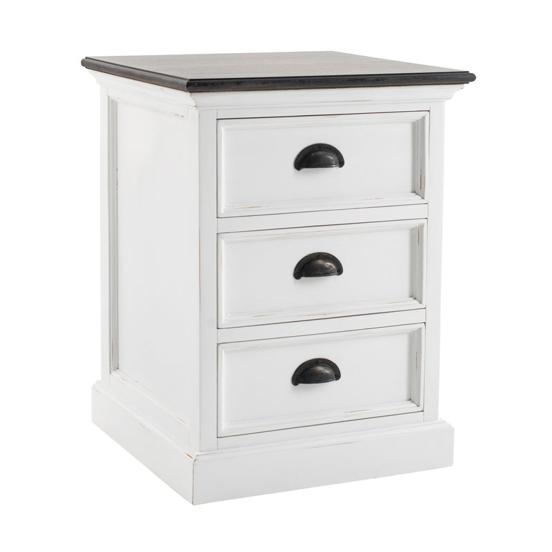 White 3-drawer wood nightstand with three black curved pulls and dark top trim