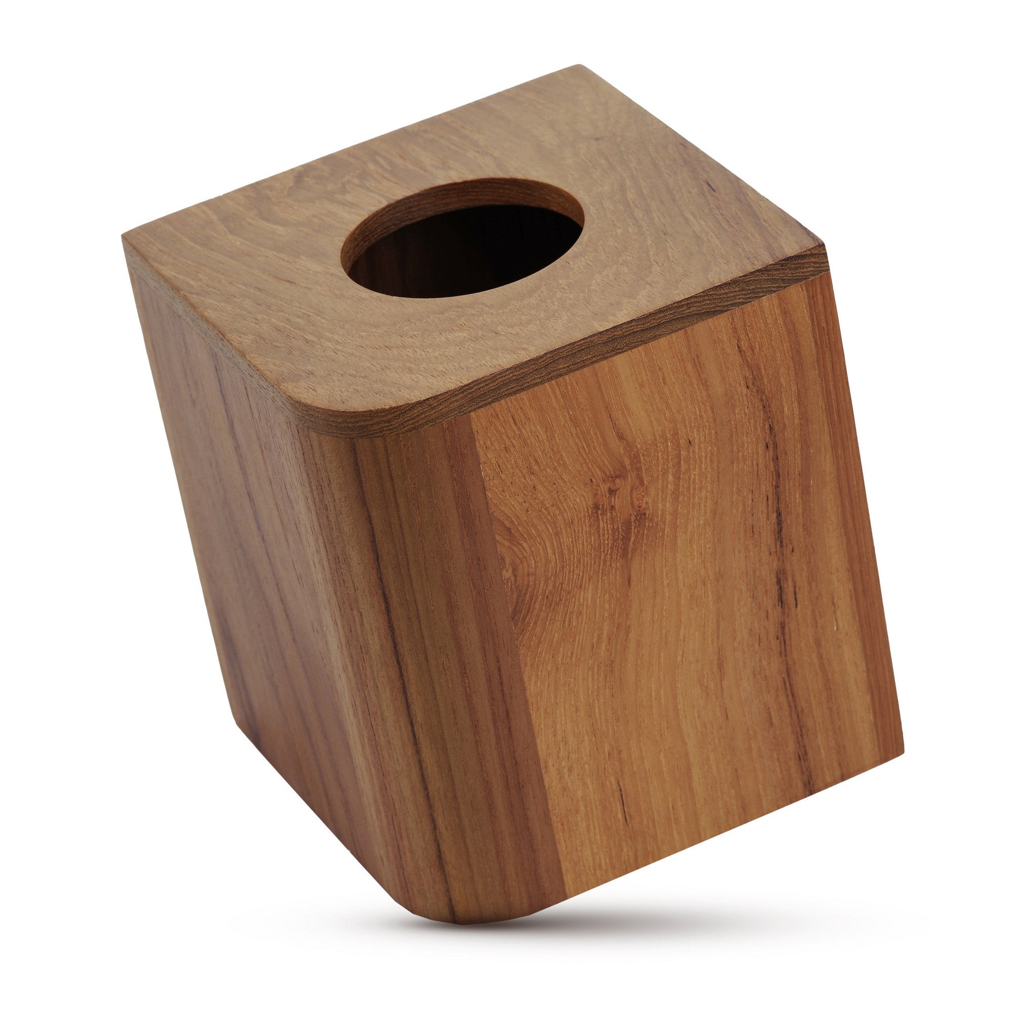 Teak tissue box cover angled view, square wooden cube with circular top hole