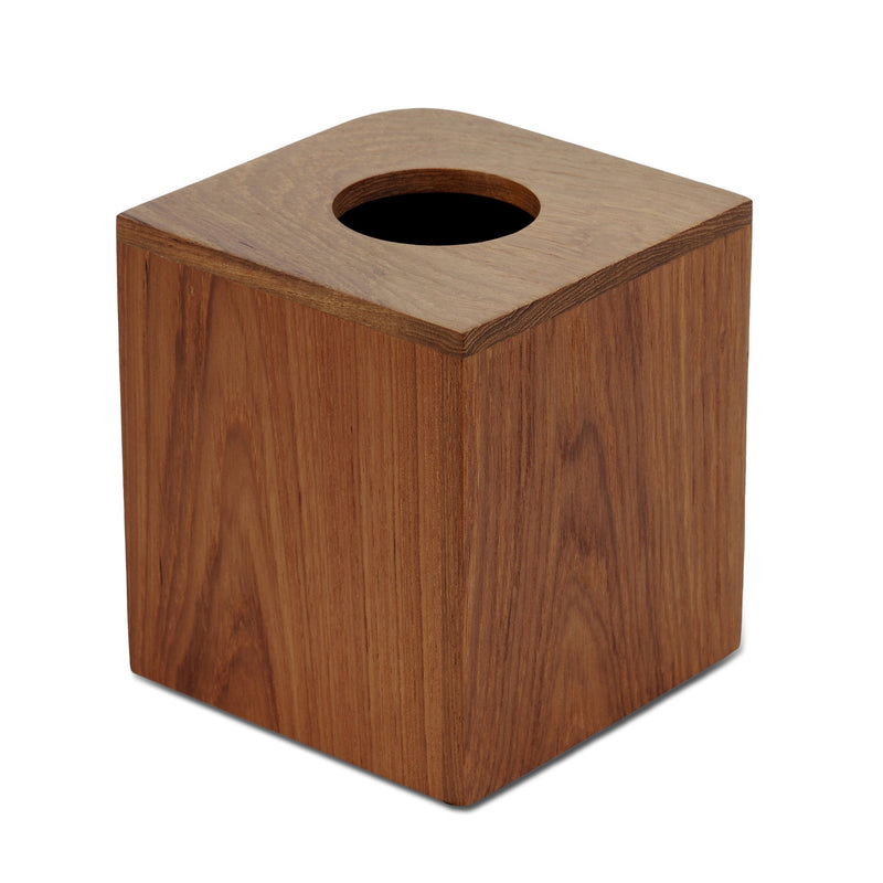 Teak tissue box cover, square wooden cube with round top tissue opening