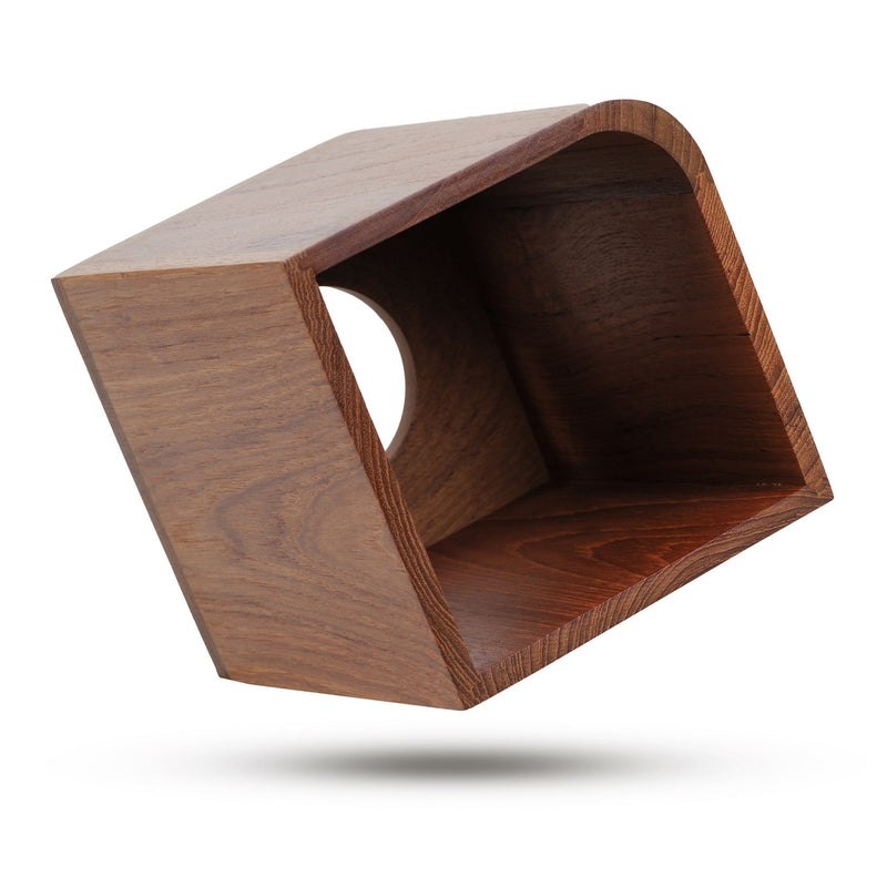 Teak tissue box cover with open side showing hollow interior and wood grain