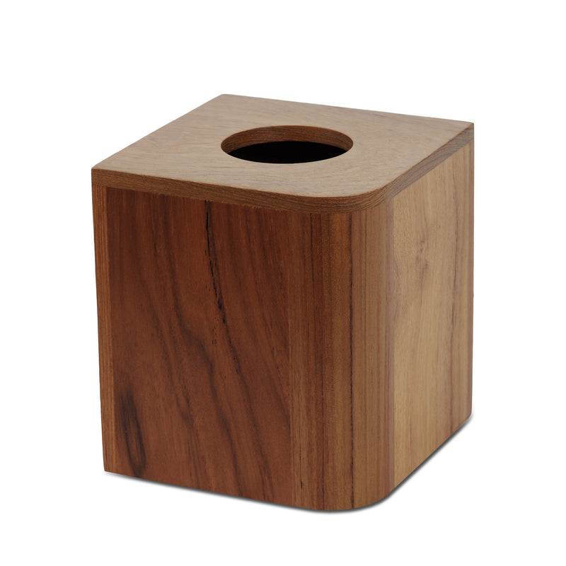 Teak tissue box cover, square wood cube with circular top hole for tissues