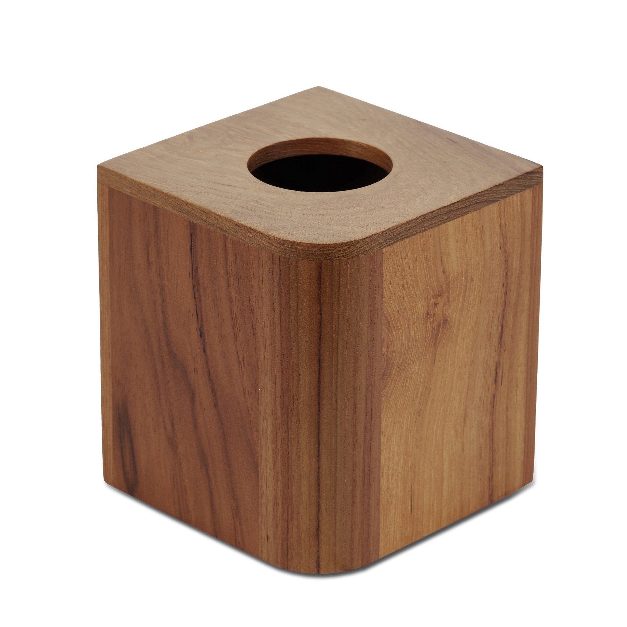 Square teak tissue box cover with round top opening and smooth wood finish