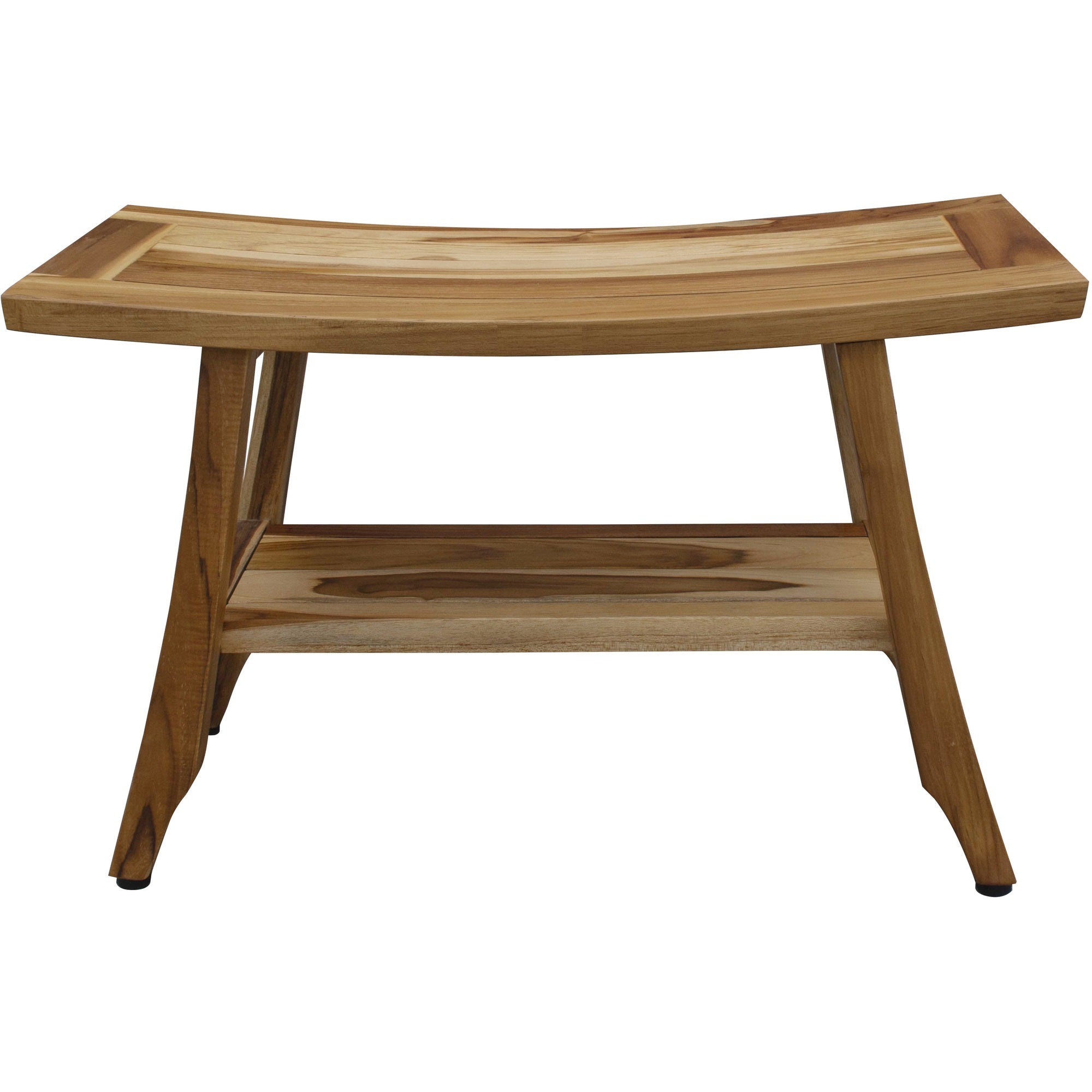 Natural teak shower bench with lower shelf, rectangular slatted top and angled legs