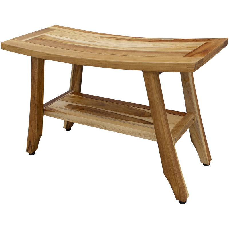 Natural teak shower bench with lower shelf, angled legs and rectangular tabletop